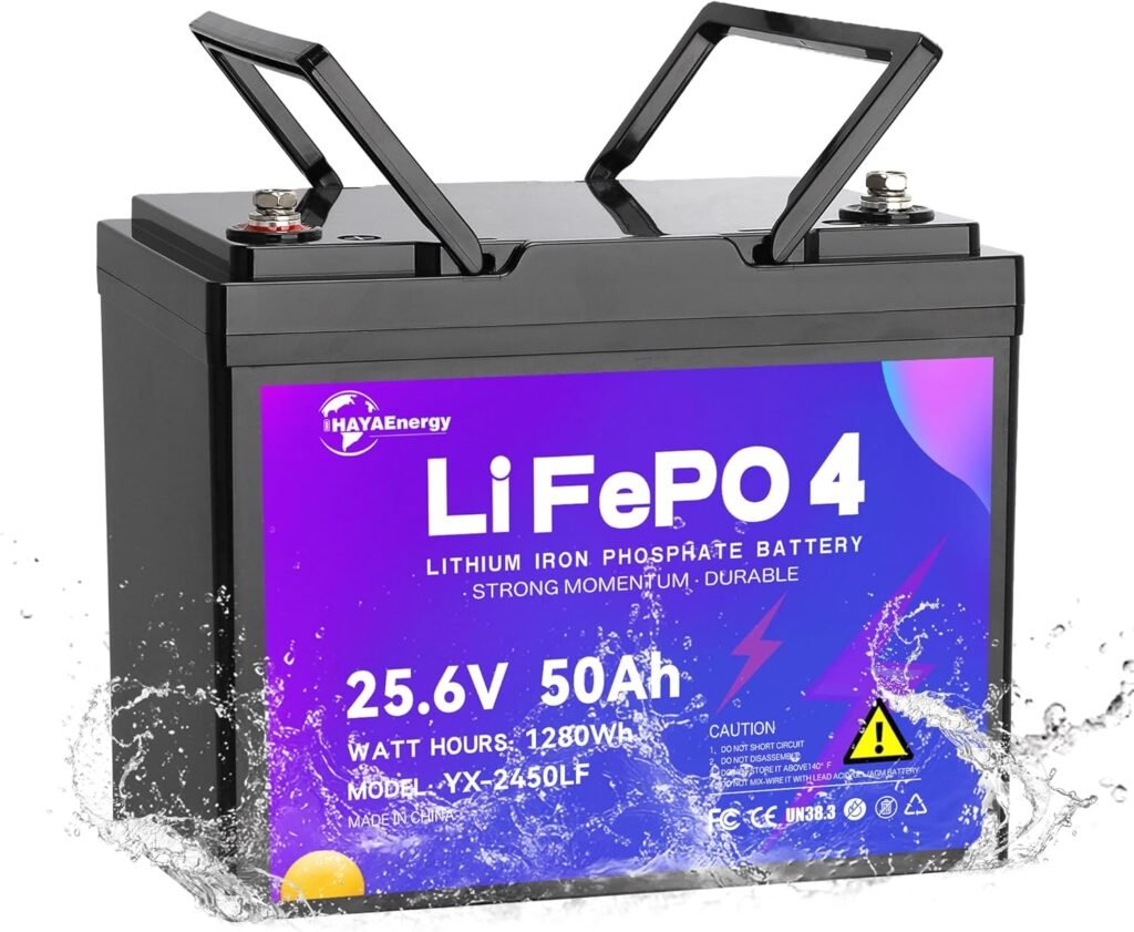 24V 50Ah Lithium Battery, Rechargeable LiFePO4 Battery with Built-in 50A BMS Board, 5000+ Deep Cycles, Perfect for RV, Solar System, Fishing Boat, Camper and Off Grid Applications.