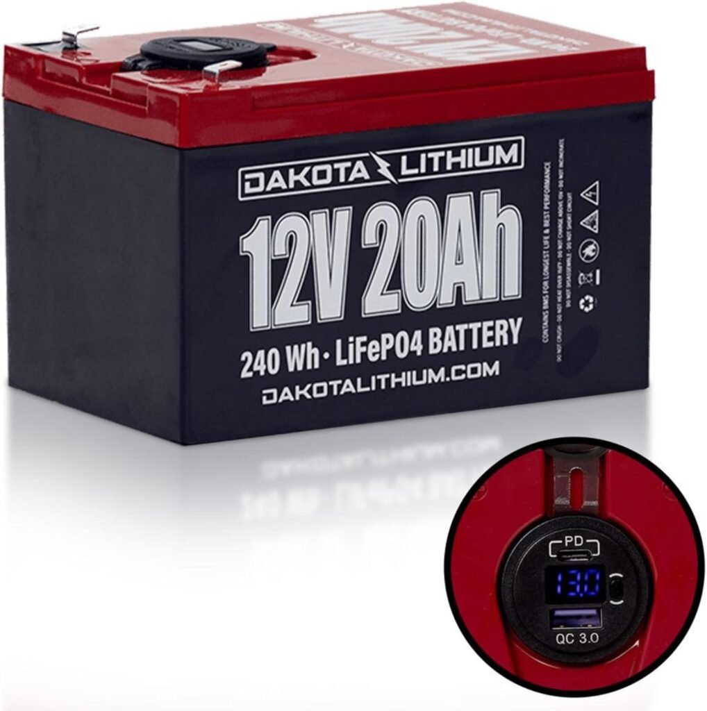 Dakota Lithium – 12V 20Ah LiFePO4 Deep Cycle Battery with Voltmeter and Dual Waterproof USB Ports – Year USA Warranty, 2000+ Cycles – Perfect for Ice Fishing, Fish Finders, and More