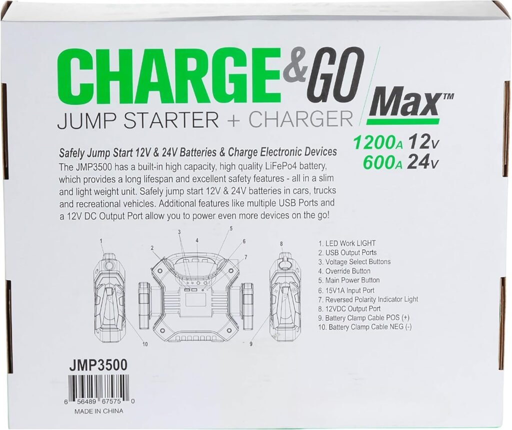 Interstate Batteries 24V, 12V Jump Starter and Charger 1200A, 600A (35,000mAH, 35Ah) Portable LED LiFePo4 Jumpstart Battery Power Pack for Automotives, USB Electronics (JMP3500)