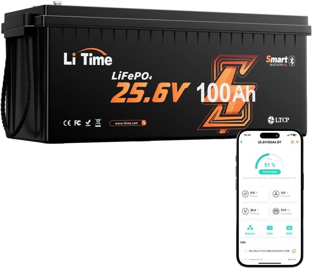 LiTime 24V 100Ah Bluetooth LiFePO4 Lithium Battery, Low-Temp Cutoff Protection, Built-in 100A BMS, 4000+ Deep Cycles for Trolling Motors, RVs, Marine, Off-Grid, Home Energy