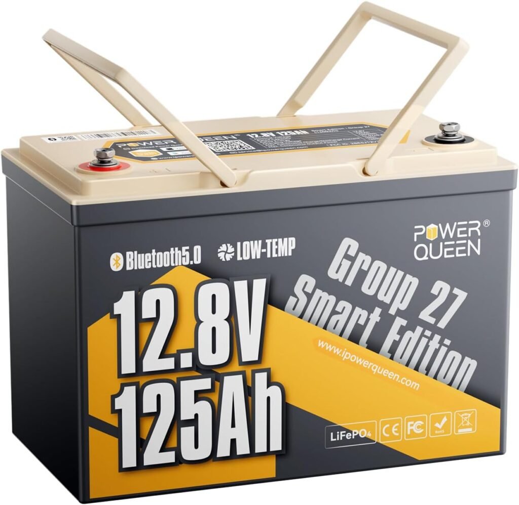 Power Queen Lithium Battery 12V 125Ah, Bluetooth Group LiFePO4 Battery with Low-Temp Protection, 1600Wh Energy Max. Cycles for RV, Solar System, Trolling Motor