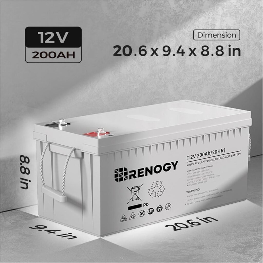Renogy Deep Cycle AGM Battery Volt 200Ah, 3% Self-Discharge Rate, 2000A Max Discharge Current, Safe Charge Most Home Appliances for RV, Camping, Cabin, Marine and Off-Grid System, Maintenance-Free