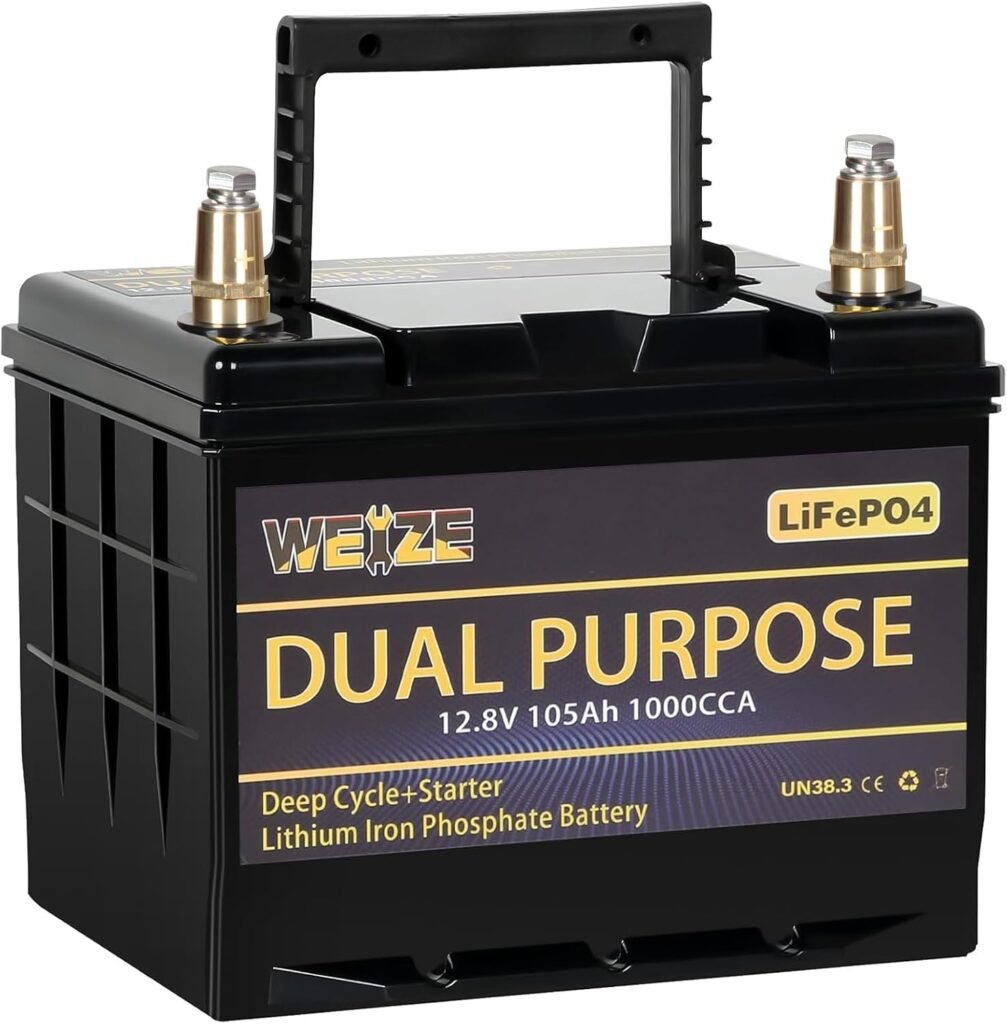 WEIZE 12V 105AH 1000CCA Dual Purpose LiFePO4 Battery, Group Starting Lithium Battery Plus Deep Cycle Performance, Built-in Smart BMS, Perfect for Trolling Motor, Marine, RV
