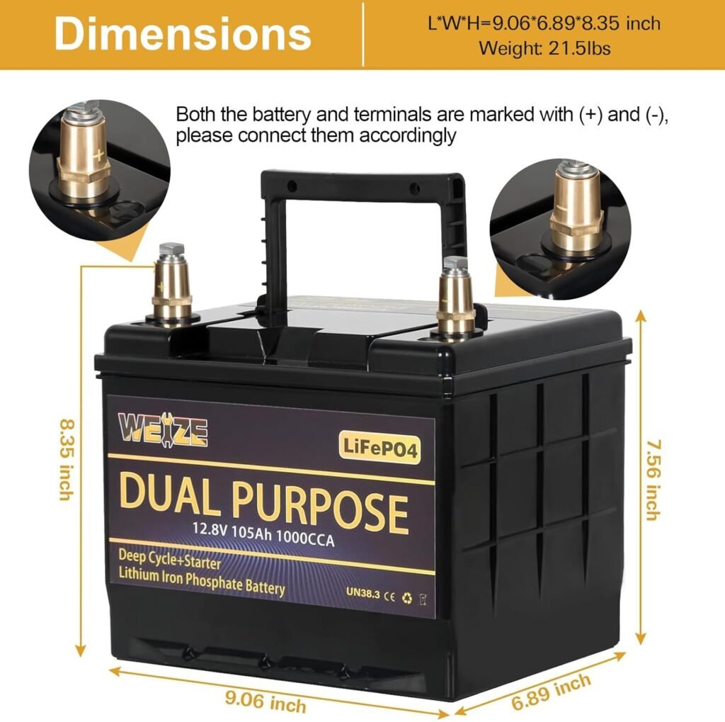 WEIZE 12V 105AH 1000CCA Dual Purpose LiFePO4 Battery, Group Starting Lithium Battery Plus Deep Cycle Performance, Built-in Smart BMS, Perfect for Trolling Motor, Marine, RV