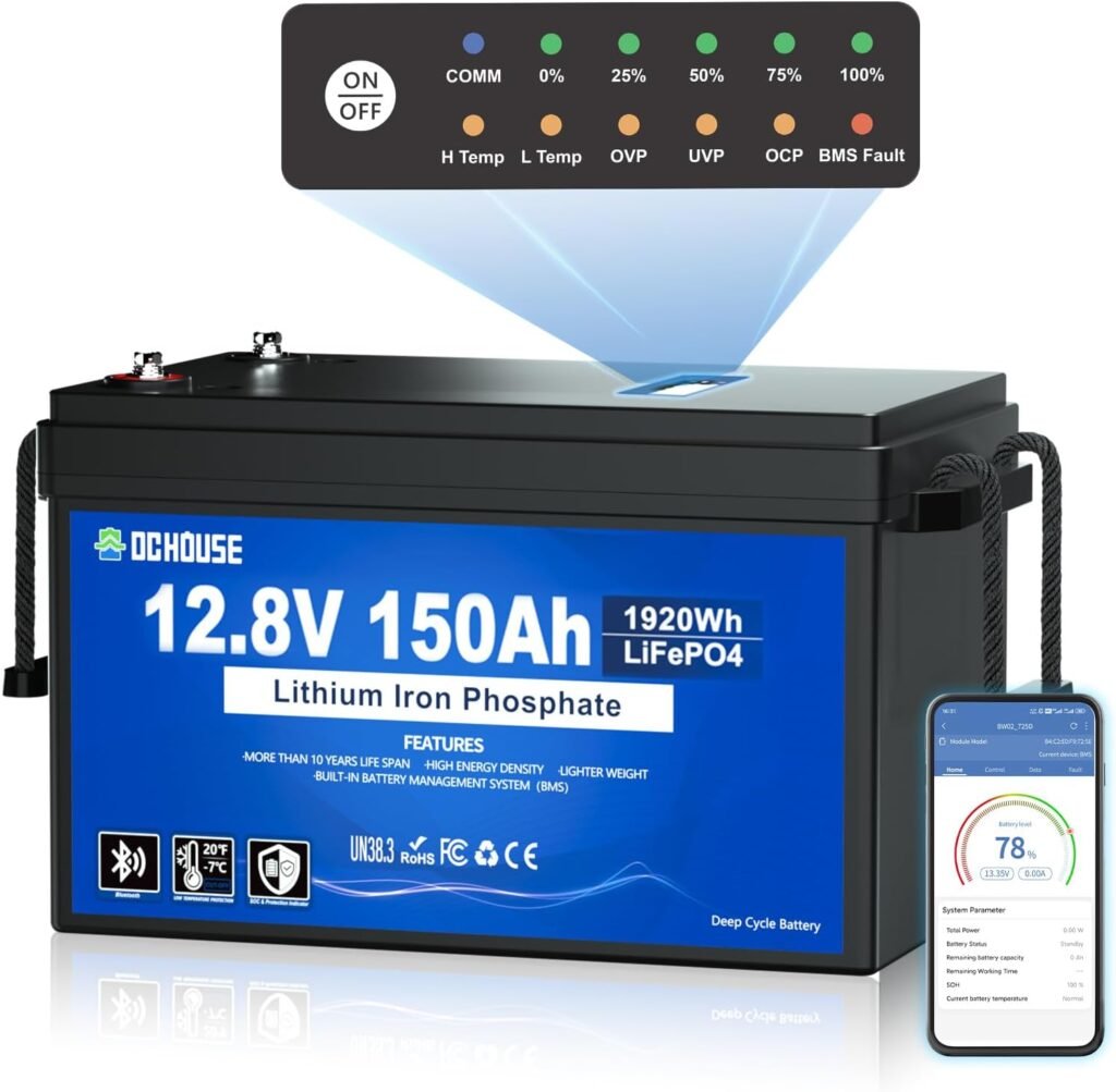 DC HOUSE 12V 150Ah LiFePO4 Lithium Battery with SOC Status Indicators, Bluetooth Low Temp Cut-off, 12V Lithium Battery up to Cycles, 120A BMS Perfect for Trolling Motors, Marine, Solar, RV DC HOUSE 12V 150Ah LiFePO4 Lithium Battery with SOC Status Indicators, Bluetooth Low Temp Cut-off, 12V Lithium Battery up to Cycles, 120A BMS Perfect for Trolling Motors, Marine, Solar, RV