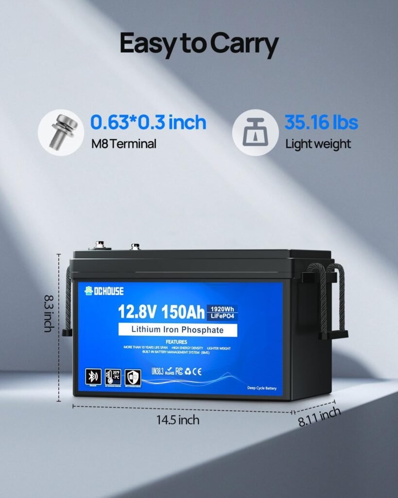 DC HOUSE 12V 150Ah LiFePO4 Lithium Battery with SOC Status Indicators, Bluetooth Low Temp Cut-off, 12V Lithium Battery up to Cycles, 120A BMS Perfect for Trolling Motors, Marine, Solar, RV DC HOUSE 12V 150Ah LiFePO4 Lithium Battery with SOC Status Indicators, Bluetooth Low Temp Cut-off, 12V Lithium Battery up to Cycles, 120A BMS Perfect for Trolling Motors, Marine, Solar, RV