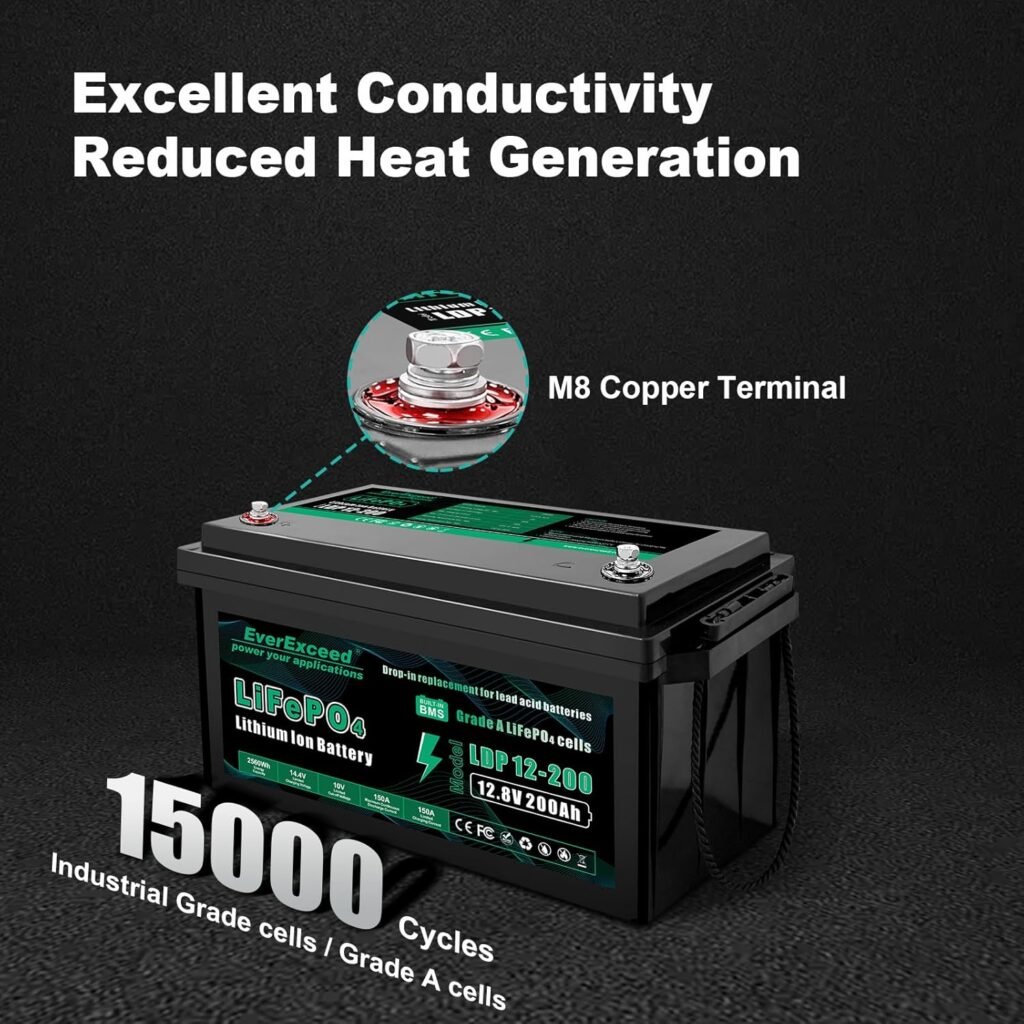 EverExceed 12V 200AH LiFePO4 Battery with Built-in 150A BMS, 2560Wh Energy Lithium Battery with Low Temperature Protection, Perfect for Yacht, Marine, Boat, RV, Home Energy