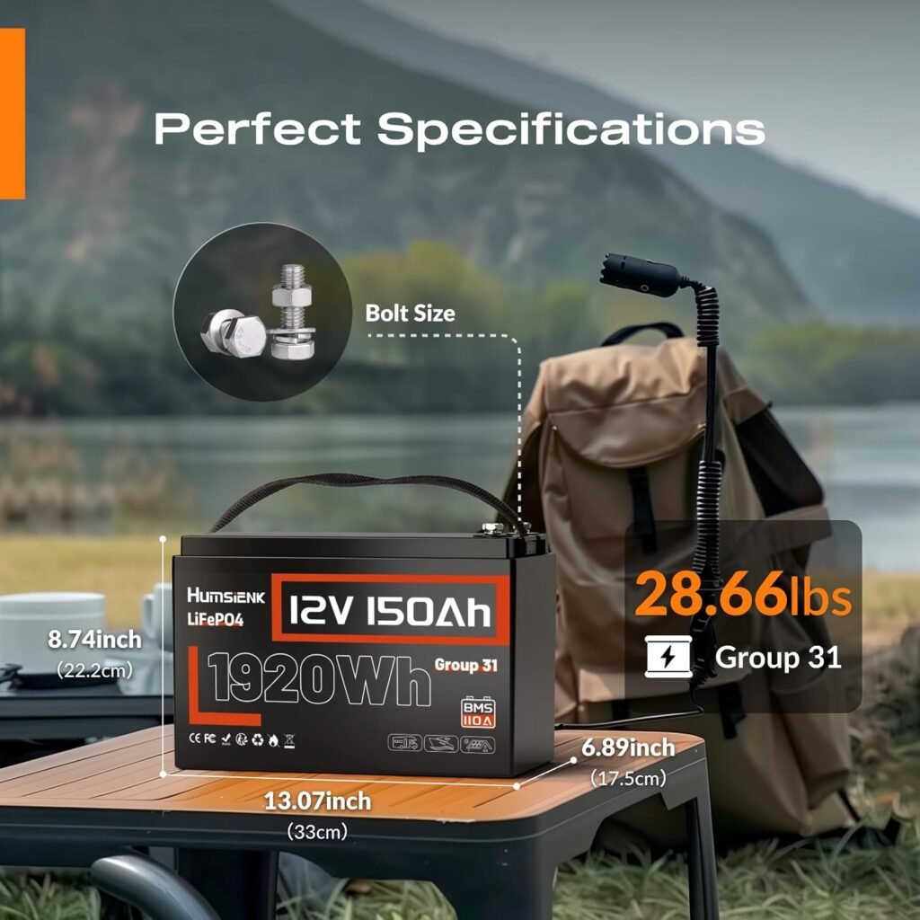 HumsiENK 12V 150Ah LiFePO4 Lithium Battery BCI Group31 Bluetooth- Built-in 110A BMS, Deep Cycle Battery for Solar, RV, Marine, Off-Grid Applications - 15000+ Life Cycles, Safe Lightweight HumsiENK 12V 150Ah LiFePO4 Lithium Battery BCI Group31 Bluetooth- Built-in 110A BMS, Deep Cycle Battery for Solar, RV, Marine, Off-Grid Applications - 15000+ Life Cycles, Safe Lightweight