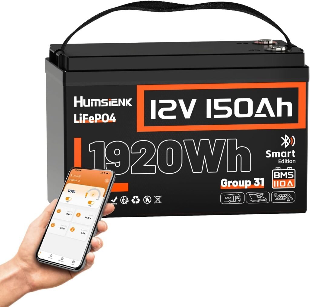 HumsiENK 12V 150Ah LiFePO4 Lithium Battery BCI Group31 Bluetooth- Built-in 110A BMS, Deep Cycle Battery for Solar, RV, Marine, Off-Grid Applications - 15000+ Life Cycles, Safe Lightweight HumsiENK 12V 150Ah LiFePO4 Lithium Battery BCI Group31 Bluetooth- Built-in 110A BMS, Deep Cycle Battery for Solar, RV, Marine, Off-Grid Applications - 15000+ Life Cycles, Safe Lightweight
