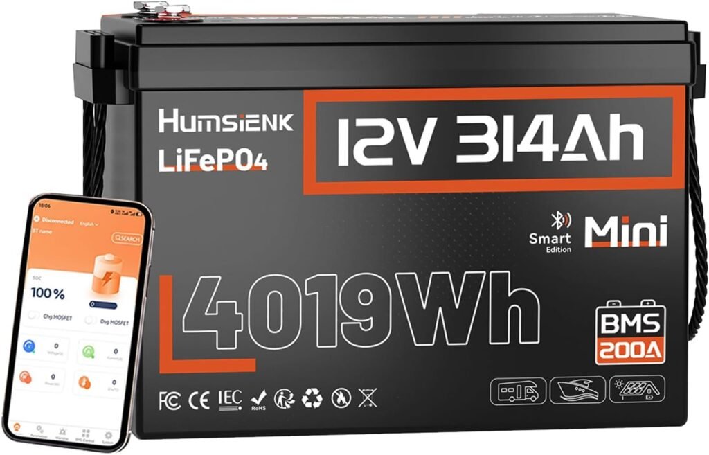 HumsiENK 12V 300Ah (314Ah) LiFePO4 Lithium Battery,Mini Size,200A BMS with Bluetooth,15000+ Deep Cycle 300Ah Lithium Rechargeable Battery,Max. 4019Wh Energy for RV, Marine and Off Grid Applications HumsiENK 12V 300Ah (314Ah) LiFePO4 Lithium Battery,Mini Size,200A BMS with Bluetooth,15000+ Deep Cycle 300Ah Lithium Rechargeable Battery,Max. 4019Wh Energy for RV, Marine and Off Grid Applications