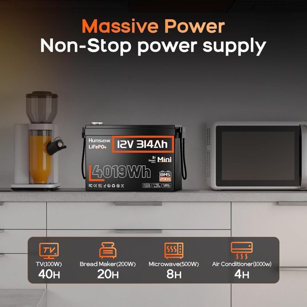 HumsiENK 12V 300Ah (314Ah) LiFePO4 Lithium Battery,Mini Size,200A BMS with Bluetooth,15000+ Deep Cycle 300Ah Lithium Rechargeable Battery,Max. 4019Wh Energy for RV, Marine and Off Grid Applications HumsiENK 12V 300Ah (314Ah) LiFePO4 Lithium Battery,Mini Size,200A BMS with Bluetooth,15000+ Deep Cycle 300Ah Lithium Rechargeable Battery,Max. 4019Wh Energy for RV, Marine and Off Grid Applications