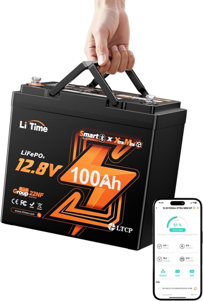 Litime 12V 100Ah Xtra-Mini LiFePO4 Lithium Battery with Bluetooth 100A BMS, Volt Mini Lithium Battery, Max Deep Cycle, for RV, Marine, Trolling Motor, Travel Trailers, Boat Litime 12V 100Ah Xtra-Mini LiFePO4 Lithium Battery with Bluetooth 100A BMS, Volt Mini Lithium Battery, Max Deep Cycle, for RV, Marine, Trolling Motor, Travel Trailers, Boat