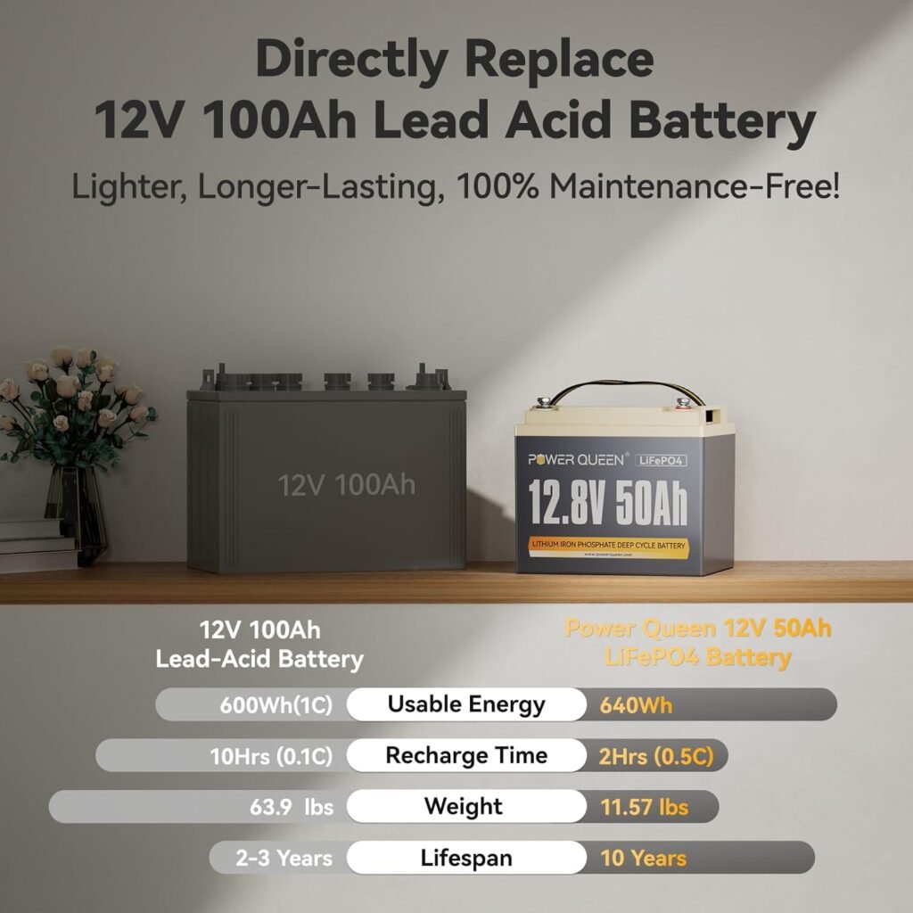 Power Queen 12V 50Ah LiFePO4 Battery Upgrade, Lithium Battery with 50A BMS Protection, Up to Cycles, Portable Lightweight for RV Camping, Trolling Motor,Fish Finder, Solar Power Queen 12V 50Ah LiFePO4 Battery Upgrade, Lithium Battery with 50A BMS Protection, Up to Cycles, Portable Lightweight for RV Camping, Trolling Motor,Fish Finder, Solar