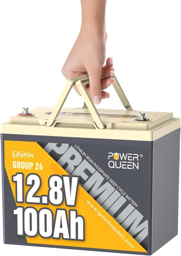 Power Queen LiFePO4 Battery 12V 100Ah, Group Lithium Battery, with 1280Wh Energy and BMS Protection, Up to Deep Cycles for RV Trailer, Camper Van, Solar Off-Grid Power Queen LiFePO4 Battery 12V 100Ah, Group Lithium Battery, with 1280Wh Energy and BMS Protection, Up to Deep Cycles for RV Trailer, Camper Van, Solar Off-Grid