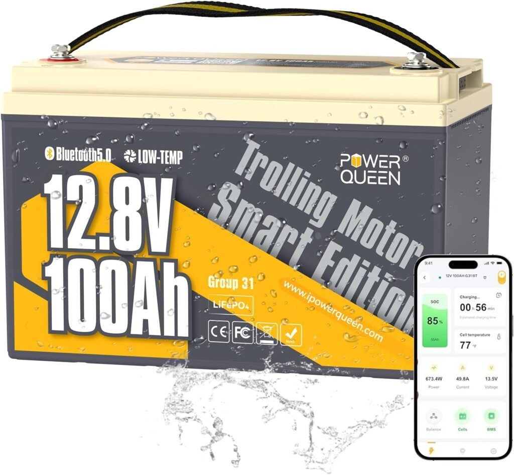 Power Queen LiFePO4 Battery 12V 100Ah, Group Lithium Battery, with 1280Wh Energy and BMS Protection, Up to Deep Cycles for RV Trailer, Camper Van, Solar Off-Grid Power Queen LiFePO4 Battery 12V 100Ah, Group Lithium Battery, with 1280Wh Energy and BMS Protection, Up to Deep Cycles for RV Trailer, Camper Van, Solar Off-Grid