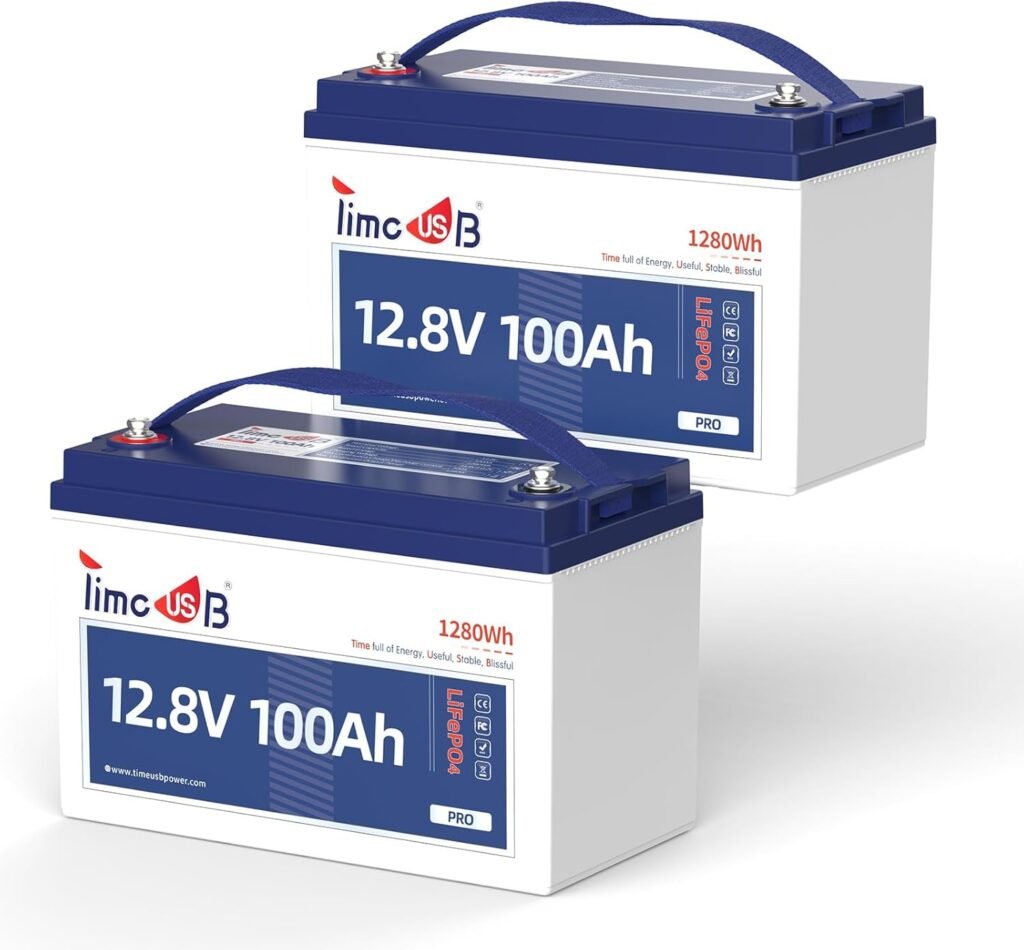 Timeusb 12V 100Ah LiFePO4 Lithium Battery Built-in 100A BMS, Automotive-Grade Cells, Group Deep Cycle Lithium Trolling Motors Batteries Perfect for Boat, Marine, RV, Solar Systems (2-Pack)