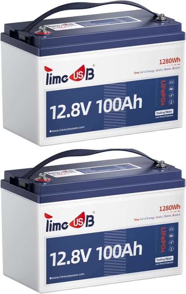 Timeusb 12V 100Ah LiFePO4 Lithium Battery Built-in 100A BMS, Automotive-Grade Cells, Group Deep Cycle Lithium Trolling Motors Batteries Perfect for Boat, Marine, RV, Solar Systems (2-Pack)
