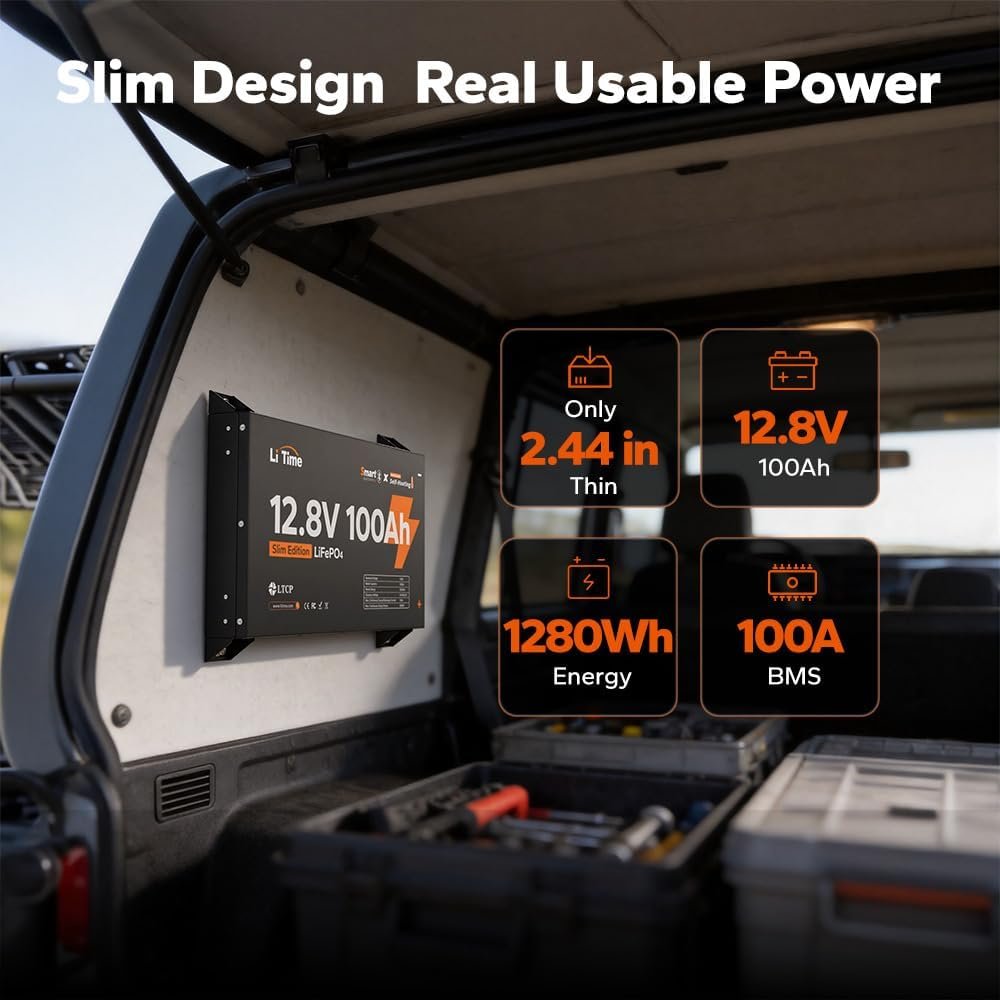 LiTime 12V 100Ah Slim Self-Heating LiFePO4 Battery with Bluetooth, 2.44 Ultra-Thin Lithium RV Battery, Up to 15,000 Deep Cycles, SPCC Steel Case for Van, Camper, Truck, Marine Solar Systems. LiTime 12V 100Ah Slim Self-Heating LiFePO4 Battery with Bluetooth, 2.44 Ultra-Thin Lithium RV Battery, Up to 15,000 Deep Cycles, SPCC Steel Case for Van, Camper, Truck, Marine Solar Systems.