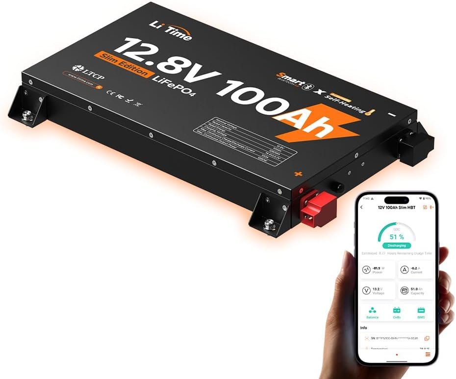 LiTime 12V 100Ah Slim Self-Heating LiFePO4 Battery with Bluetooth, 2.44 Ultra-Thin Lithium RV Battery, Up to 15,000 Deep Cycles, SPCC Steel Case for Van, Camper, Truck, Marine Solar Systems. LiTime 12V 100Ah Slim Self-Heating LiFePO4 Battery with Bluetooth, 2.44 Ultra-Thin Lithium RV Battery, Up to 15,000 Deep Cycles, SPCC Steel Case for Van, Camper, Truck, Marine Solar Systems.