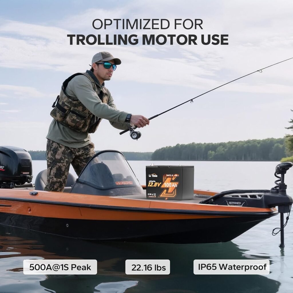 LiTime 12V 100Ah Trolling Motors Lithium Battery, Group Bluetooth LiFePO4 Battery, Up to Deep Cycles, Low-Temp Protection, Mini Size for RV, Camper, Trailer, Van, Truck, Marine