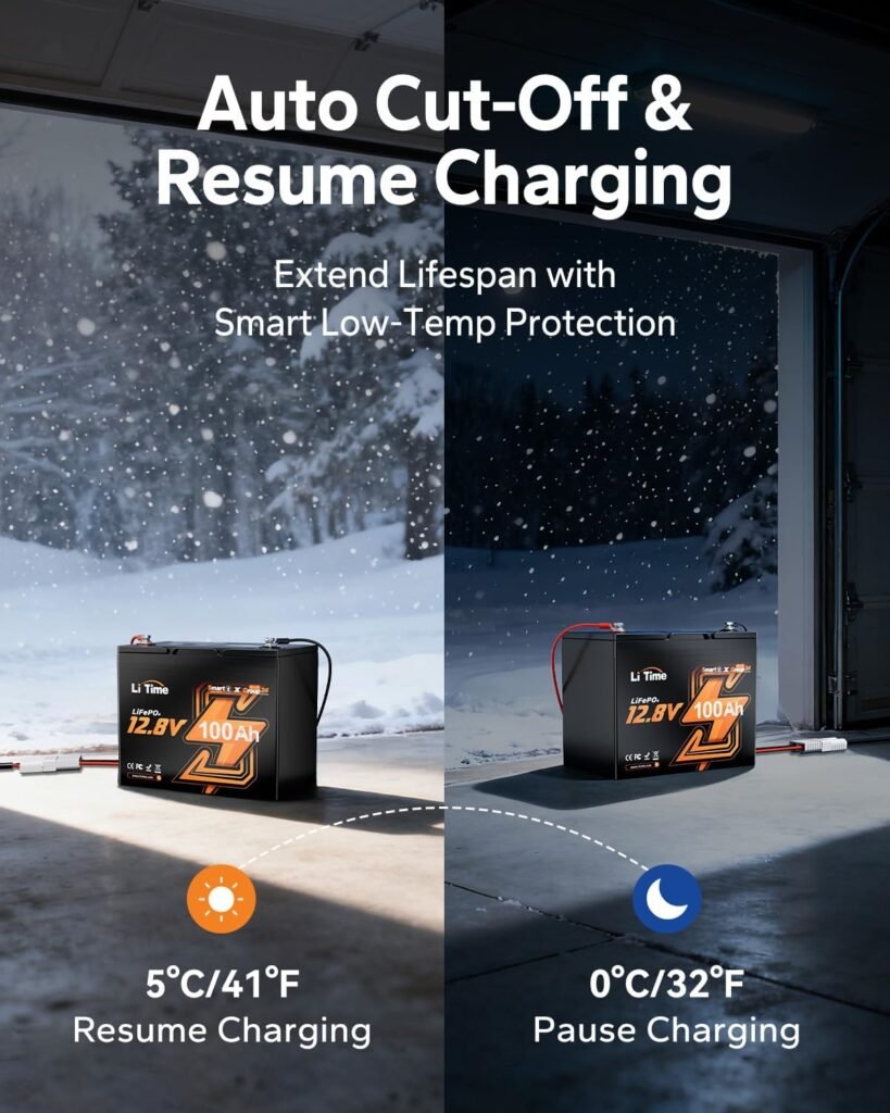 LiTime 12V 100Ah Trolling Motors Lithium Battery, Group Bluetooth LiFePO4 Battery, Up to Deep Cycles, Low-Temp Protection, Mini Size for RV, Camper, Trailer, Van, Truck, Marine