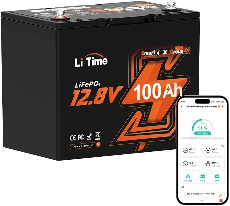 LiTime 12V 100Ah Trolling Motors Lithium Battery, Group Bluetooth LiFePO4 Battery, Up to Deep Cycles, Low-Temp Protection, Mini Size for RV, Camper, Trailer, Van, Truck, Marine