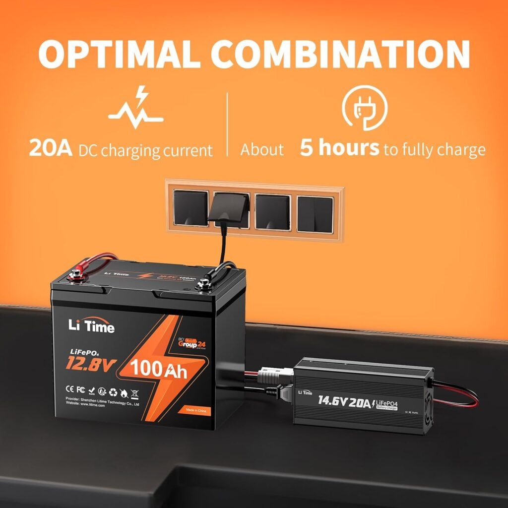 LiTime 14.6V 20A Lithium Battery Charger with Anderson Connector and 12V 100Ah BCI Group LiFePO4 Battery, 100A BMS, Year Lifespan, Max. 1280Wh Energy, Perfect for RV, Solar, Trolling Motor LiTime 14.6V 20A Lithium Battery Charger with Anderson Connector and 12V 100Ah BCI Group LiFePO4 Battery, 100A BMS, Year Lifespan, Max. 1280Wh Energy, Perfect for RV, Solar, Trolling Motor