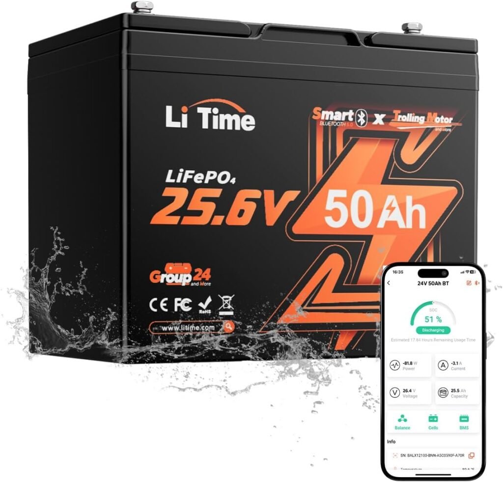 LiTime 24V 50Ah Bluetooth LiFePO4 Lithium Battery, Low-Temp Cutoff Protection, 4000+ Deep Cycle, Built-in 50A BMS, Group 24, Perfect for Trolling Motors, Yacht, Boat, RVs