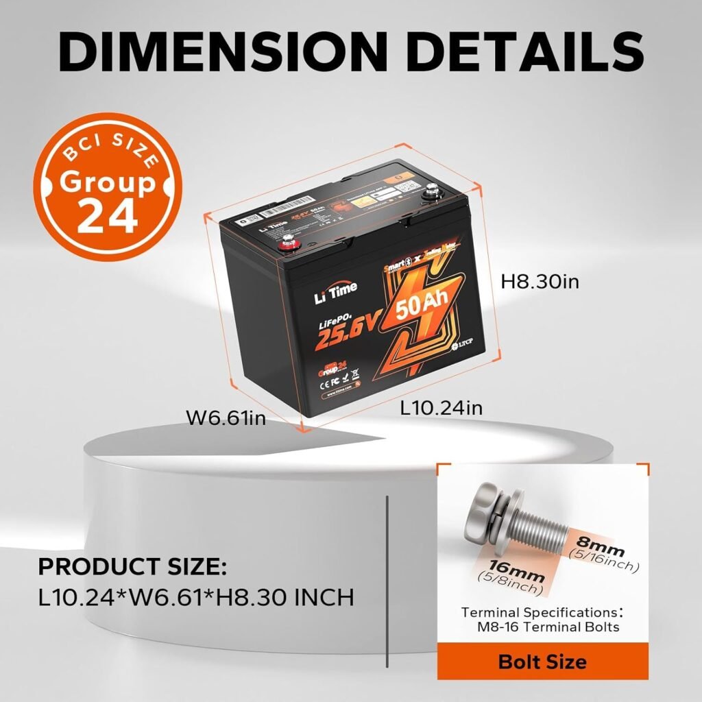 LiTime 24V 50Ah Bluetooth LiFePO4 Lithium Battery, Low-Temp Cutoff Protection, 4000+ Deep Cycle, Built-in 50A BMS, Group 24, Perfect for Trolling Motors, Yacht, Boat, RVs