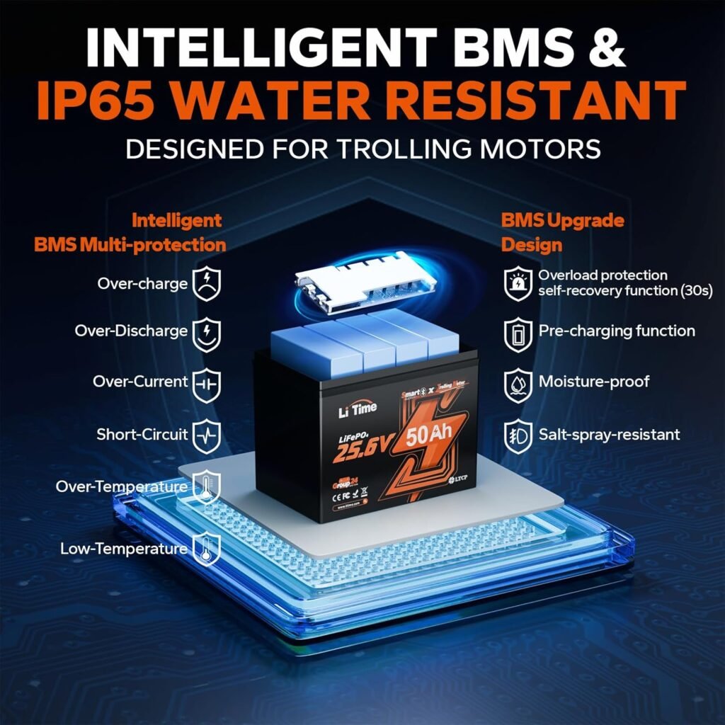 LiTime 24V 50Ah Bluetooth LiFePO4 Lithium Battery, Low-Temp Cutoff Protection, 4000+ Deep Cycle, Built-in 50A BMS, Group 24, Perfect for Trolling Motors, Yacht, Boat, RVs