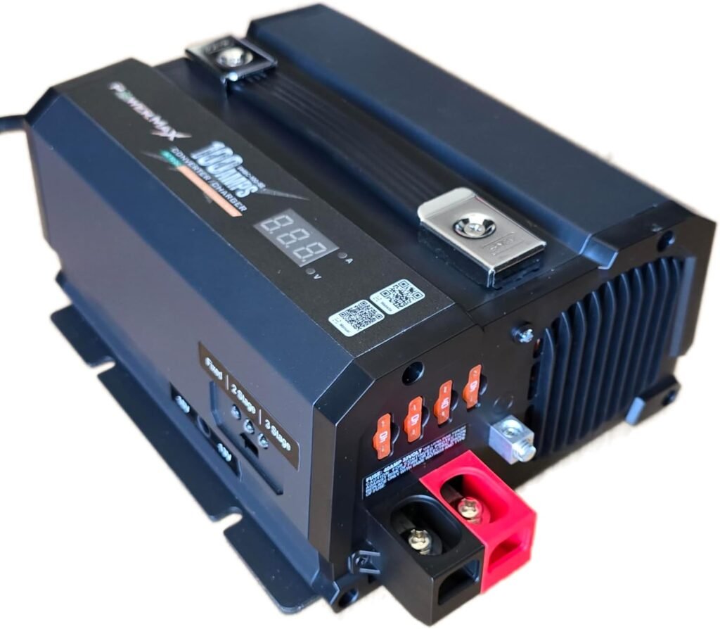 PowerMax PMBC-100-SE Series 12V Battery Maintainer  Charger | Ultra-Stable Power Supply 100mV | Amp and Volt Meter | 15ft Awg Cables with Angled Clamps | Lithium Charge Profile
