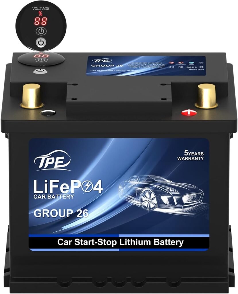 TPE Car Start Stop System BCI Group26 LiFePO4 Lithium-ion Battery 12.8V 600A Lightweight High Performance Battery Level Display Left Negative Right Positive