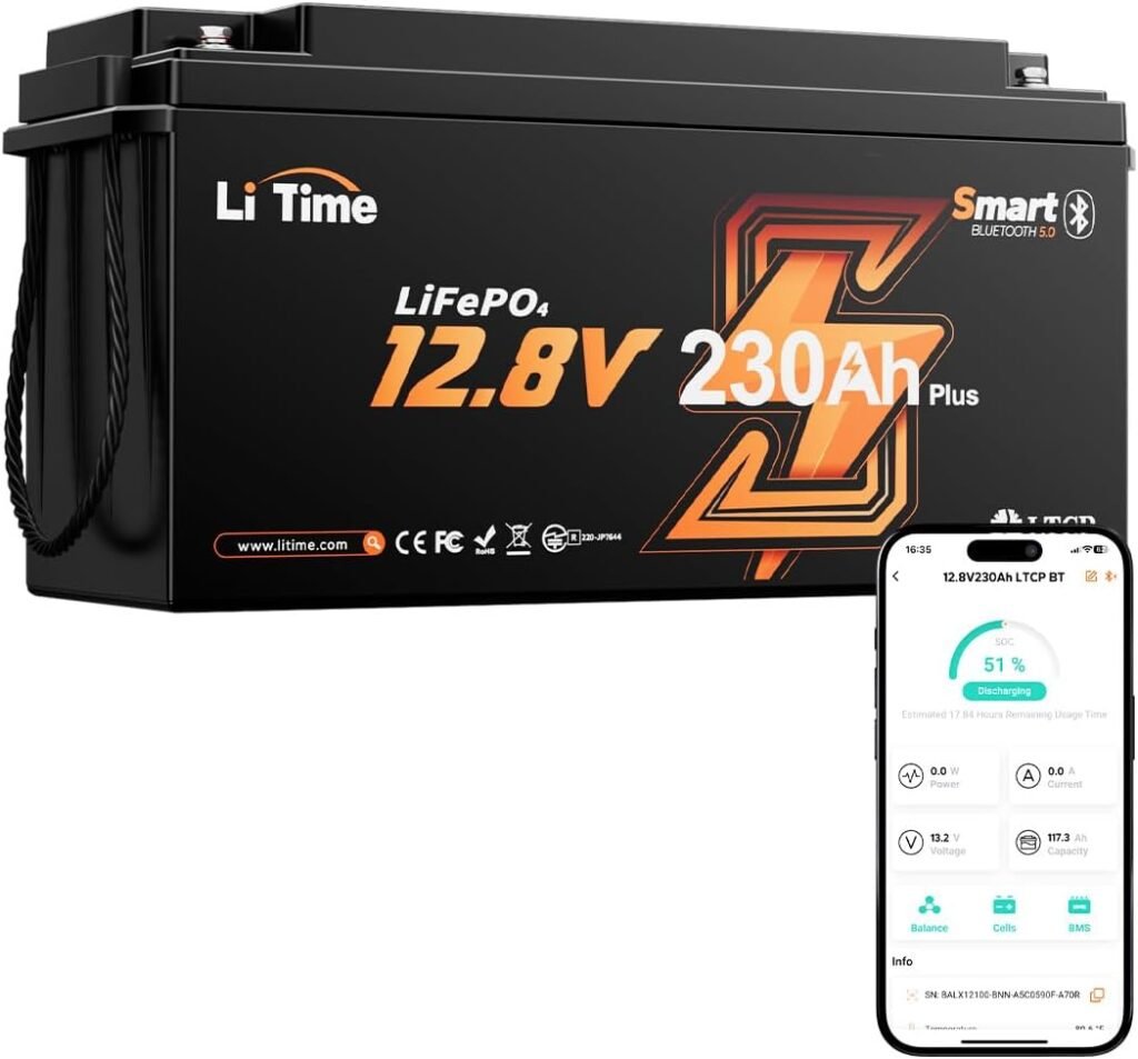 Litime 12V 230Ah LiFePO4 Lithium Battery for RV, Travel Trailer, Solar | Group 4D, Bluetooth, 200A BMS, Max. Cycles, IP65 Waterproof, Low Temp Protection, 2944Wh, for Camper, Off-Grid, Marine Litime 12V 230Ah LiFePO4 Lithium Battery for RV, Travel Trailer, Solar | Group 4D, Bluetooth, 200A BMS, Max. Cycles, IP65 Waterproof, Low Temp Protection, 2944Wh, for Camper, Off-Grid, Marine